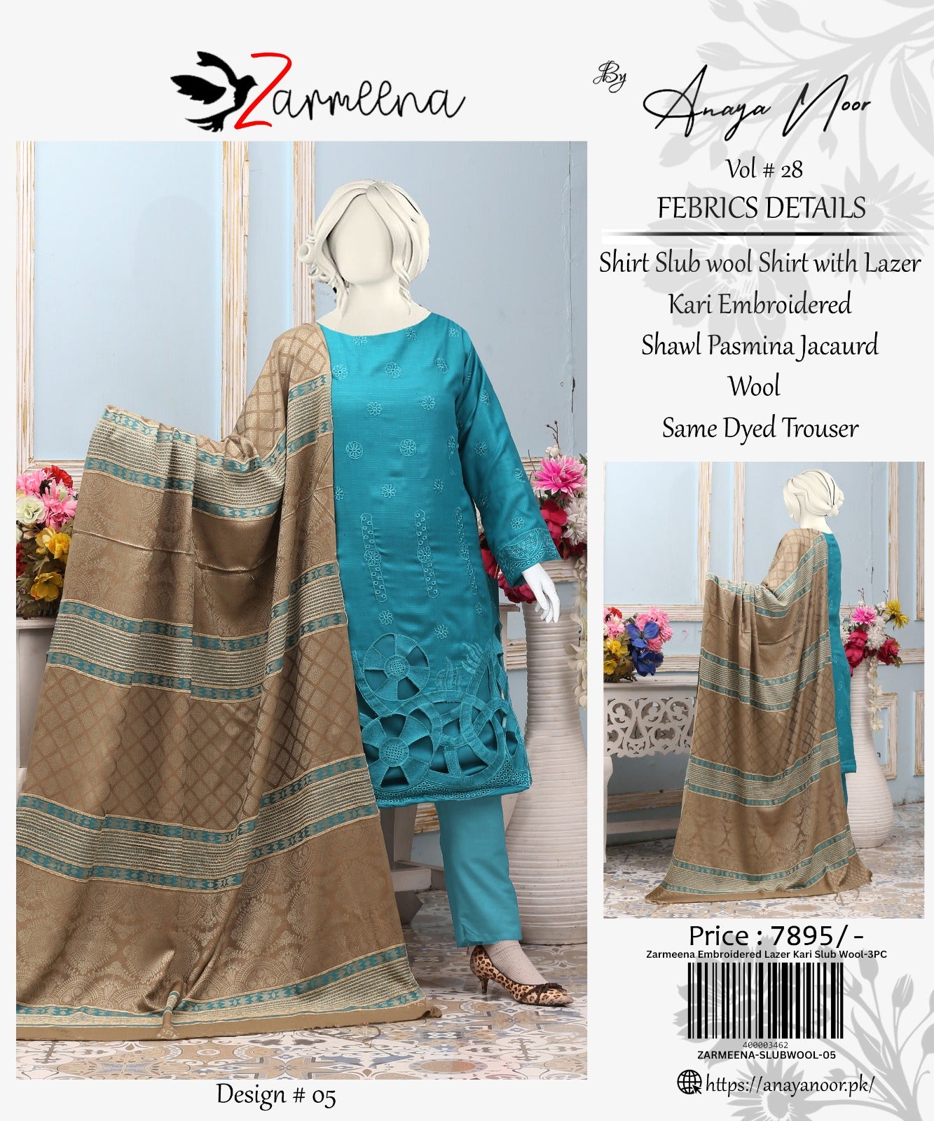 Zarmeena Embroidered Lazer Kari Slub Wool-3PC