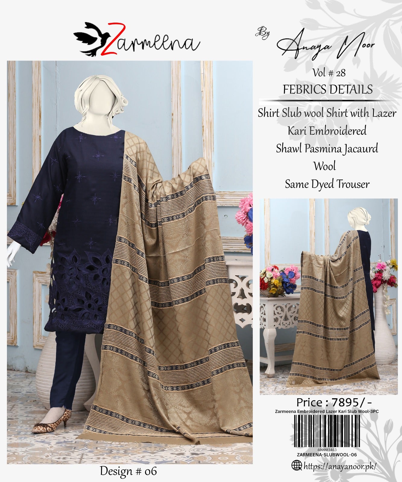 Zarmeena Embroidered Lazer Kari Slub Wool-3PC