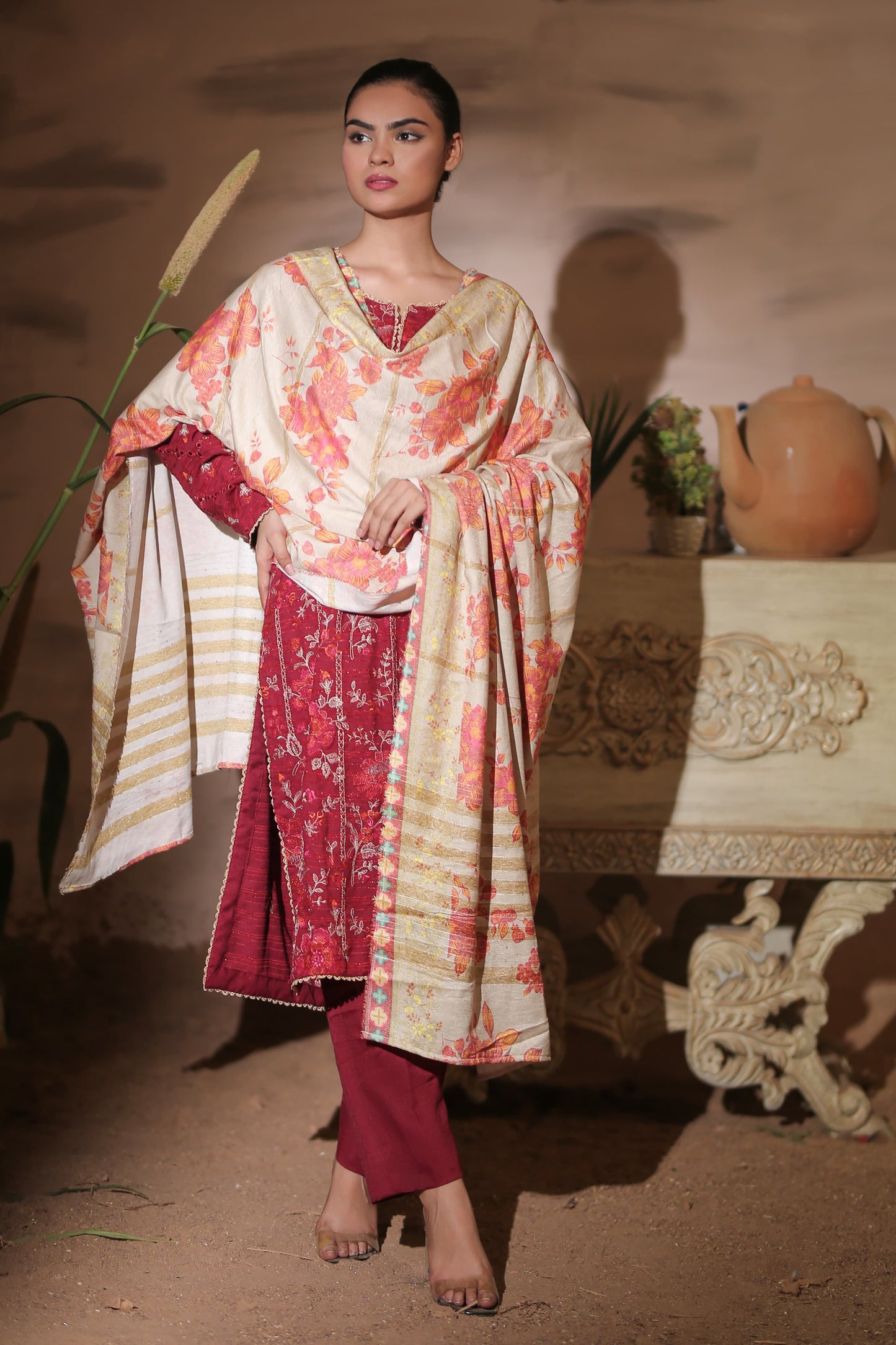 Anaya Noor Julli Emb Peach Wool-3PC