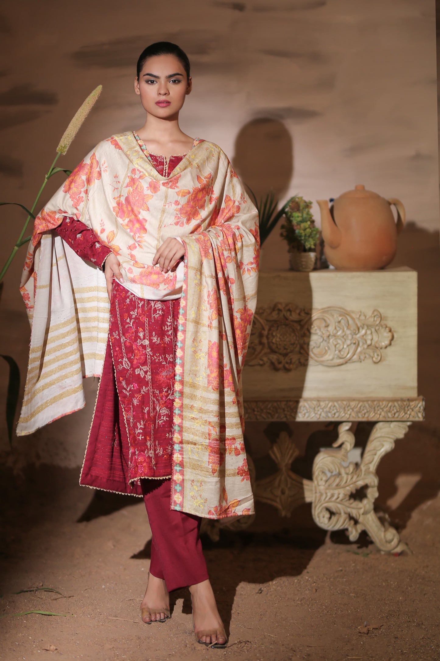 Anaya Noor Julli Emb Peach Wool-3PC