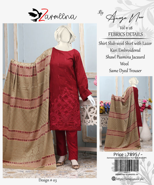 Zarmeena Embroidered Lazer Kari Slub Wool-3PC
