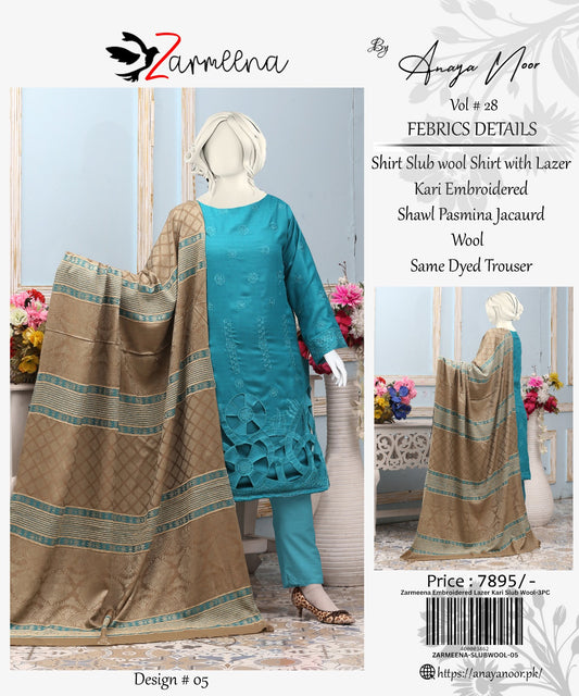 Zarmeena Embroidered Lazer Kari Slub Wool-3PC