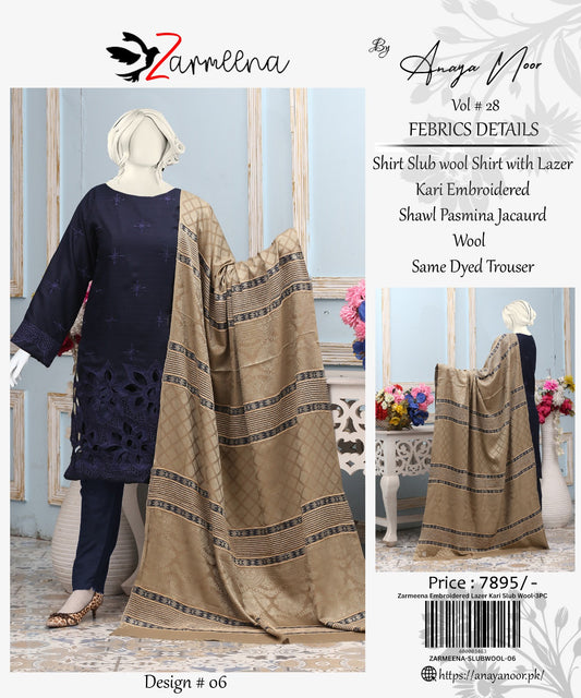 Zarmeena Embroidered Lazer Kari Slub Wool-3PC