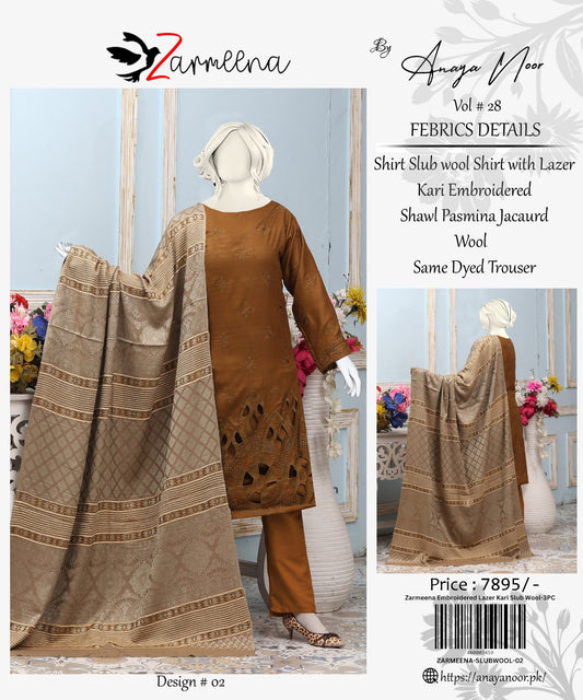 Zarmeena Embroidered Lazer Kari Slub Wool-3PC