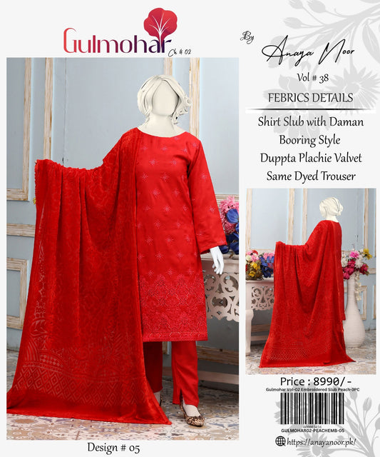 Gulmohar Embroidered Slub Peach 3-PC
